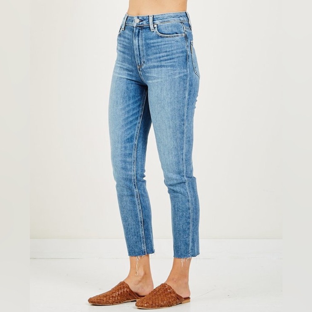 PAIGE Sara Slim Crop Sundown Blue Raw Hem Jeans